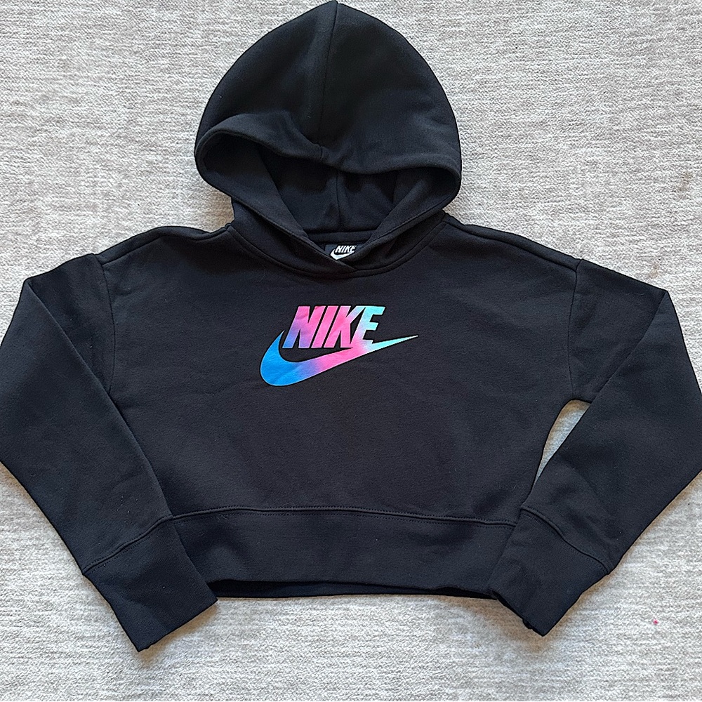 Nike Girls Club Fleece Crop Hoodie BLK Size Small